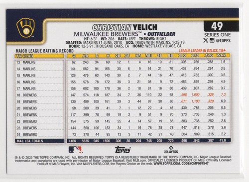 2025 Topps Series 1 Christian Yelich Silver Foil Parallel #49 - Picture 2 of 2