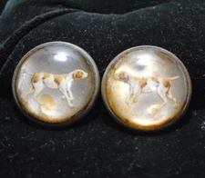 Antique Pair of Reverse Painted Hunting Dogs Glass Horse Bridle Rosettes