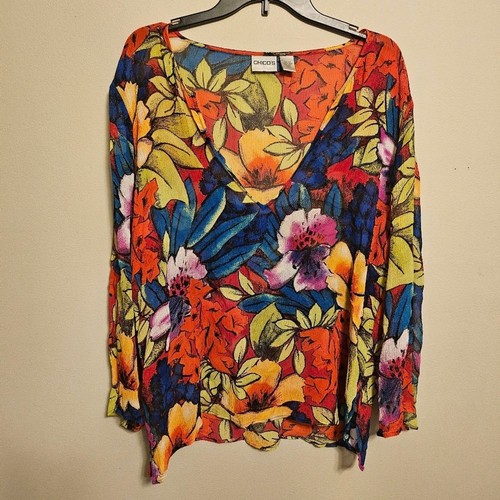 Chico's Vintage 100 % Seide tiefer V-Ausschnitt Langarm hell Blumen Bluse 3 Large - Bild 1 von 8
