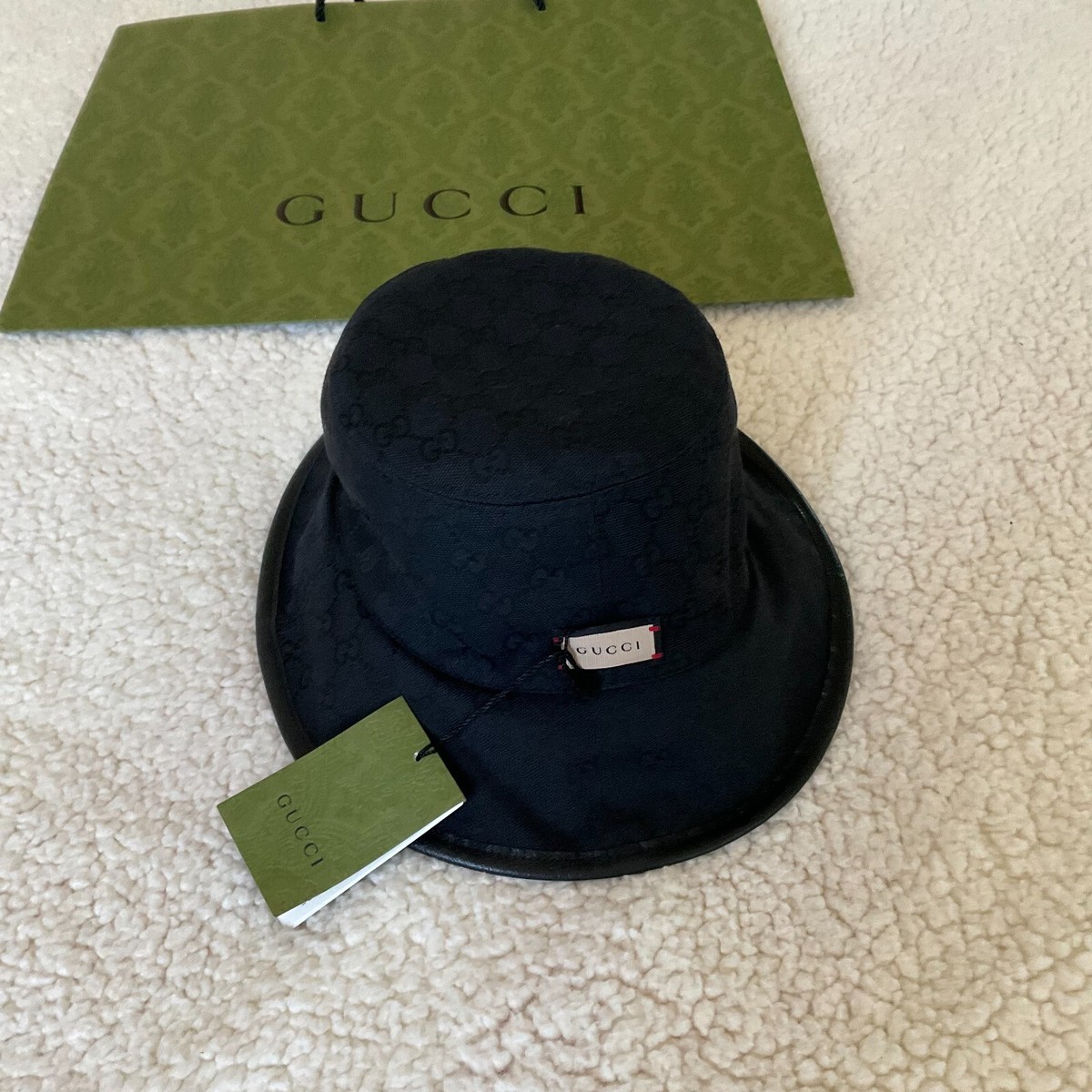 NWT Gucci New Bob Double Drap Grey Black GG Bucket Hat size M 58
