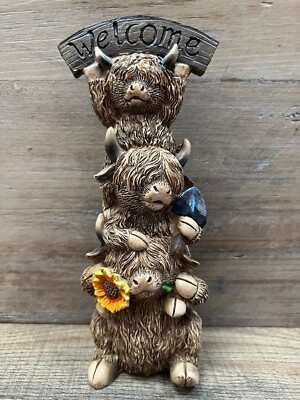 Highland Cows ''Welcome'' Resin Garden Figurine 8.5'' x 3.5''