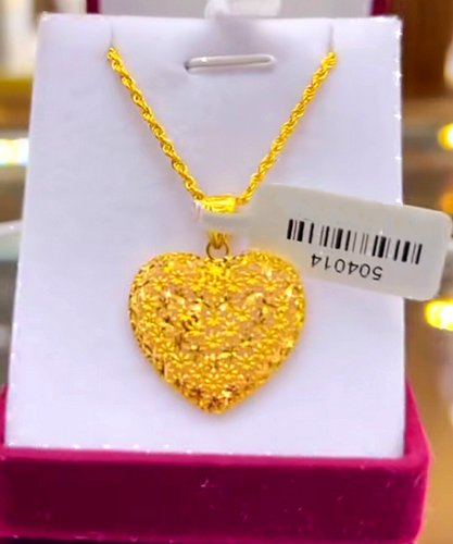 21K 'Real 'Solid 'Yellow 'Gold 'Heart 'Pendant 'Twisted 'Rope 'Chain Necklace.