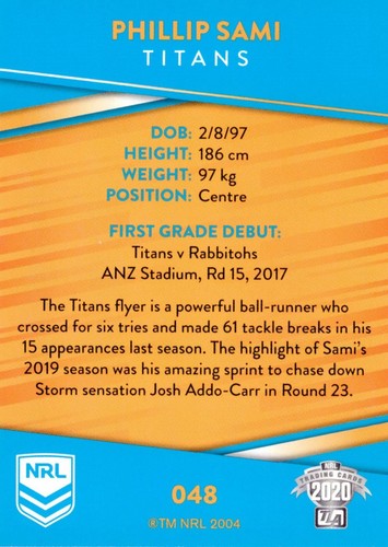 Signed 2020 GOLD COAST TITANS NRL Card PHILLIP SAMI - Picture 2 of 2