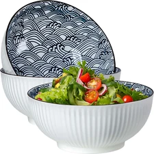 QINLANG Large Soup Bowls, Pho & Ramen Set of 3, 60 Oz Blue & White Porcelain - W