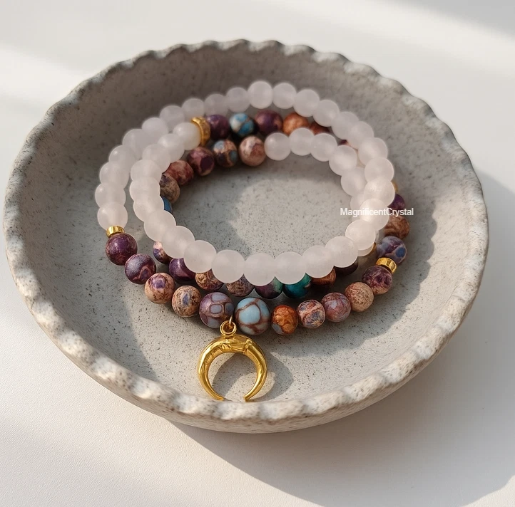 玫瑰石英 108 马拉珠手链祈祷月亮小饰品项链治疗礼物 — 第 3/4 张图片