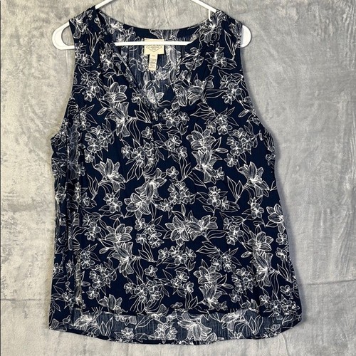 St. John’s Bay Blue White Floral Sleeveless VNeck Tank Top Blouse Size XXL