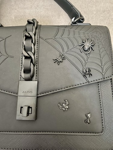 NWT ALDO Satchel Top Handle Bag Black Spider Web Halloween Purse Chain - Picture 4 of 4