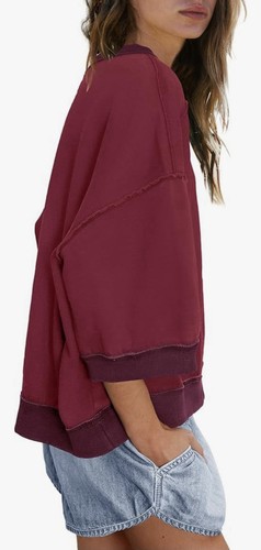 Burgundy Sweatshirt | Tonal Cuffs & Collar | Trendy Seam Detail | M | NWT - Picture 3 of 13