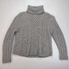 Peregrine Pure New Wool Cable Knit Sweater Womens L Gray Turtle Neck Fisherman