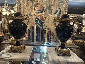 Pair of  French Royalty Porcelain Urns / Candelabras, gilded Bronze Circa 1900