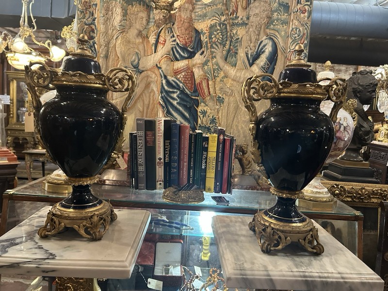 Pair of  French Royalty Porcelain Urns / Candelabras, gilded Bronze Circa 1900
