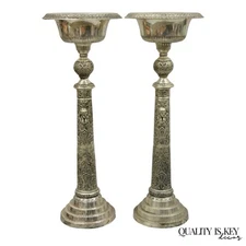 French Renaissance Silver Plated Tall Ornate Compote Centerpiece Dish Bowl Pair