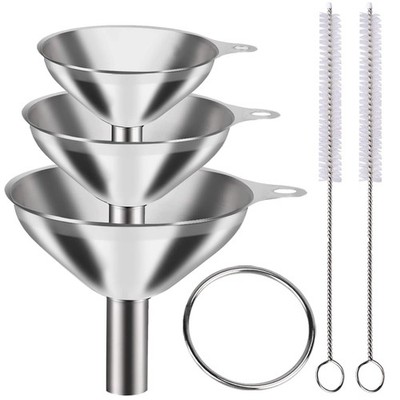 Metal Stainless Steel Funnel, Set of 3, Food Grade for Kitchen, 2 Brushes