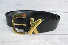 Vintage 90s Paloma Picasso Smooth Black Leather Belt Sz L Gold X Buckle Italy