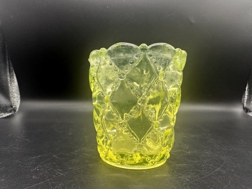 Vintage Confederate Glass Vaseline Glass "Quilt" Votive Holder EUC - Picture 3 of 6