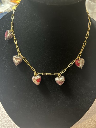 Murano Glass Heart Necklace Dyadema Italy Pink Foil Bronze Chain