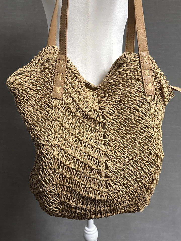 Straw Woven Tote Bag Tan Brown Shoulder Purse Summer Beach Boho Bag Sisal Travel - Image 3 of 4