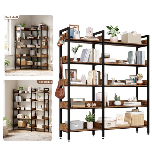 5 Tier Reversible Corner Bookshelf Industrial L Shaped Storage Display Bookcase - Picture 3 of 7