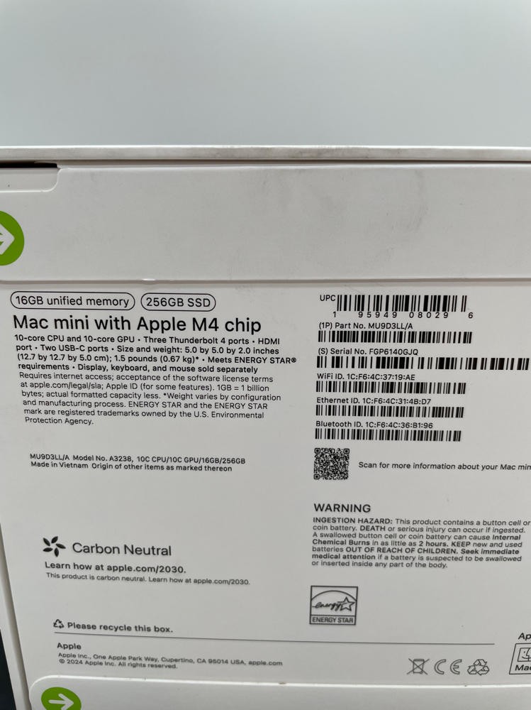 Apple Mac Mini M4 2024 16GB RAM 256GB SSD MU9D3LL/A A3238