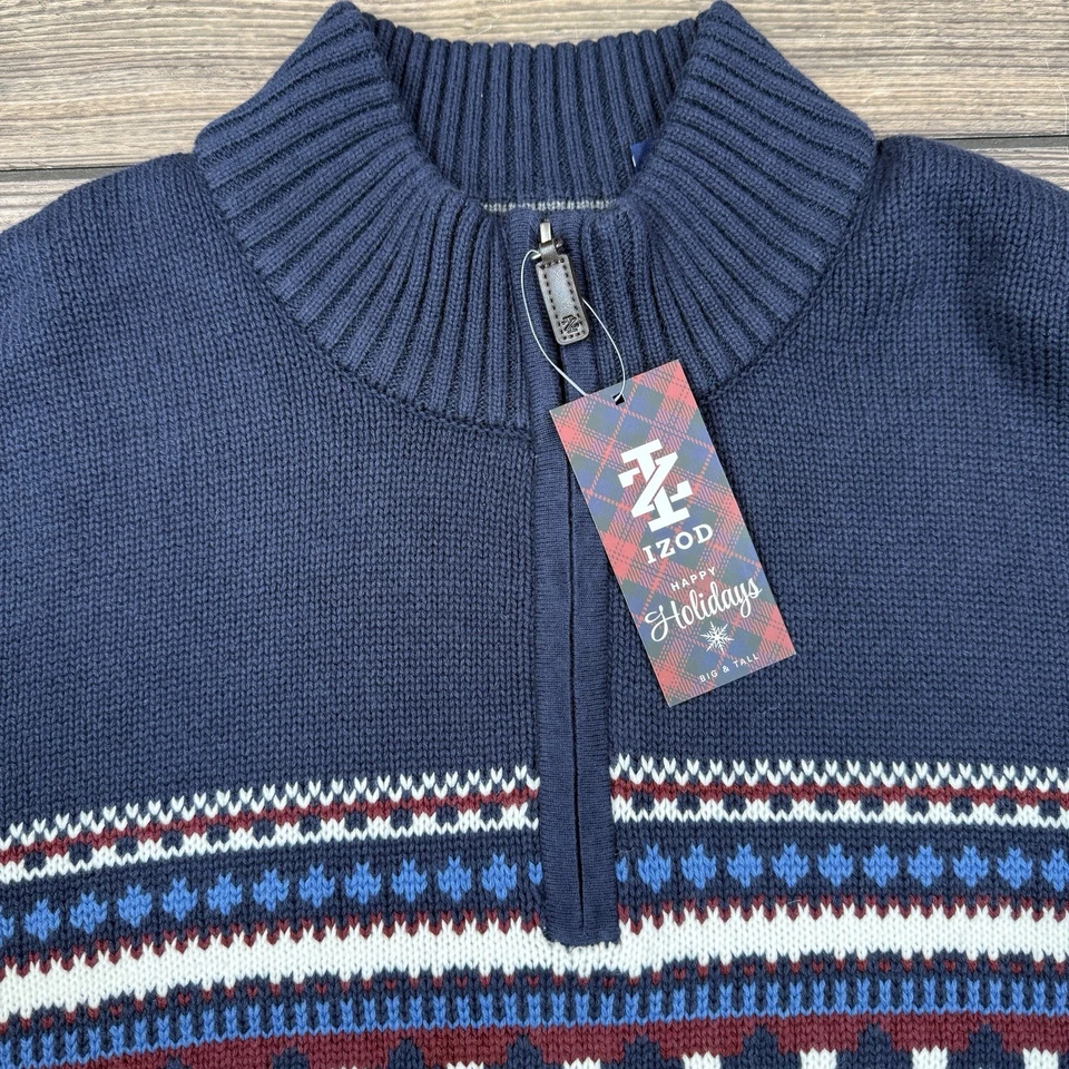 Izod Mens Classic Fit Fairisle Quarter Zip Holiday Sweater Navy Size 3XLT NWT - Image 3 of 4