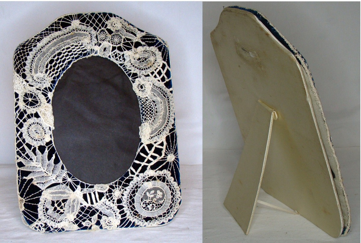 Vintage Handmade Lace on Dark Blue Crushed Velvet Picture Vintage Handmade Lace on Dark Blue Crushed Velvet Picture