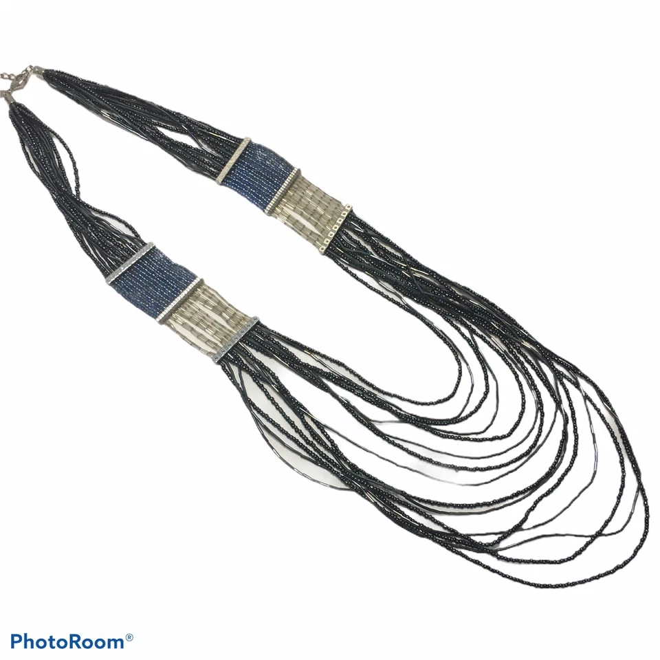 Collar Chico's Largo Negro Multi Hilo Capas Tribal Declaración Semilla Cuentas N3