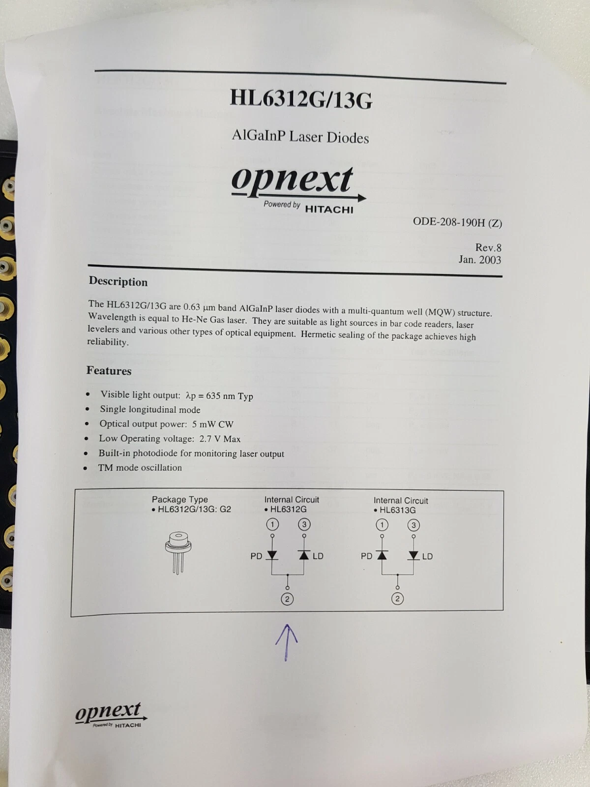 Opnext HL6312G/13G AlGaInP laser diode datasheet, 635 nm, 5 mW, with pen arrow under HL6312G