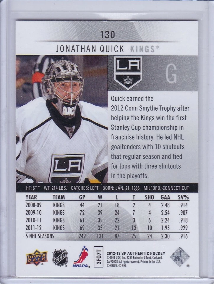 Jonathan Quick 2012 SP Authentic Hockey Card 130 - Image 2 of 2