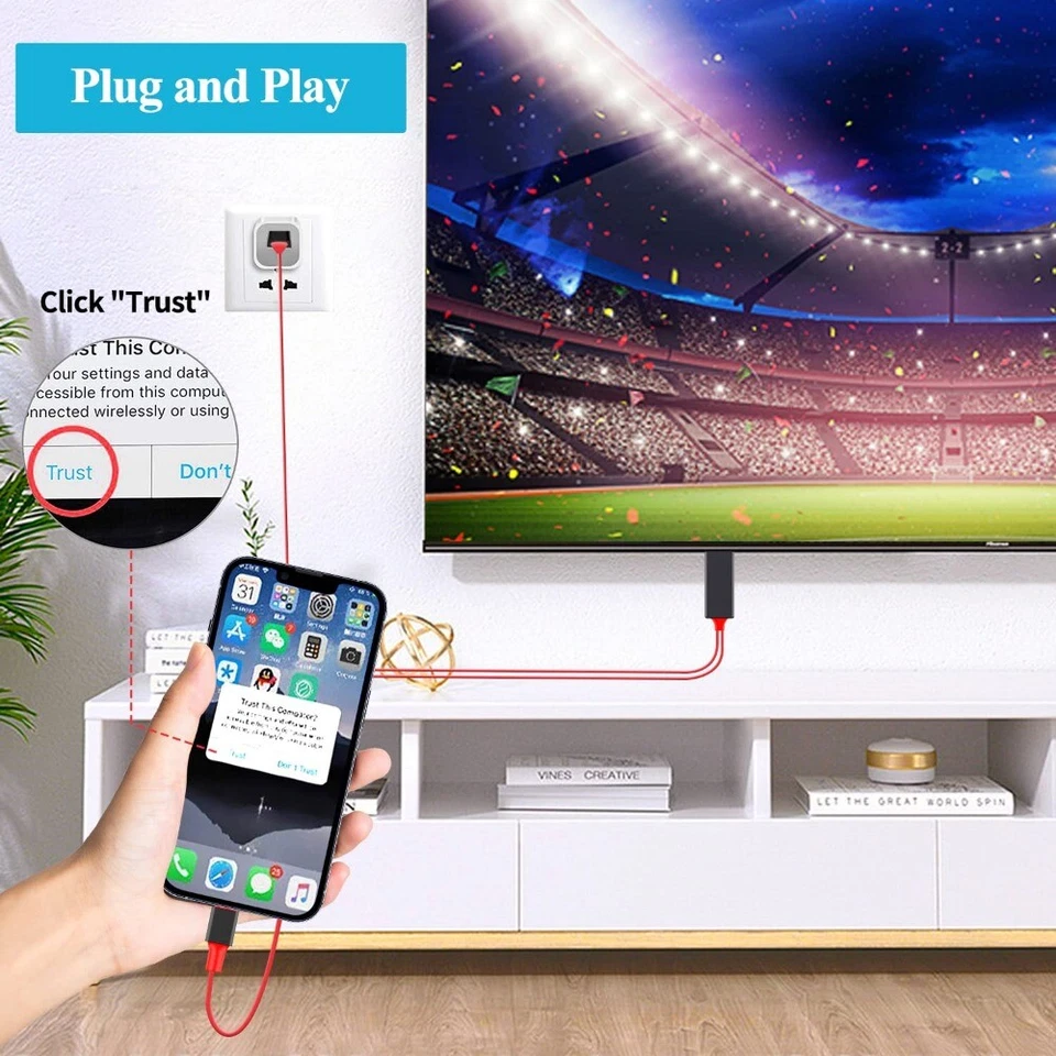 HDMI Espejo AV Cable Teléfono a TV HDTV Adaptador 1080P Lote para iPhone 14 13 12 8 Foto 4 de 4