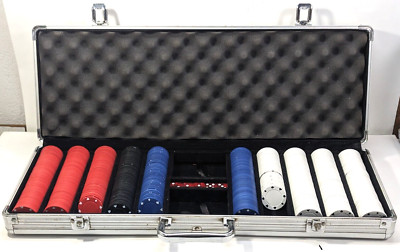 Set of poker chips in aluminum case, w/dice, no cards, holds 500, some missing