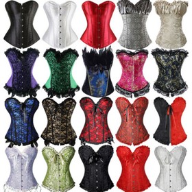 Women Boned Lace Up Satin Overbust waist training Corset Bustier sexy Lingeries