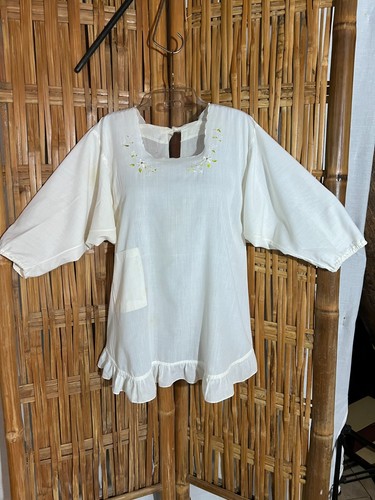 VTG 60/70s Hand Made Top Blouse CoverUp Cream Open Back Ties Ruffle Embroidery M
