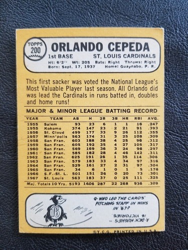 ORLANDO CEPEDA 1968 TOPPS BASEBALL #200 ST.LOUIS CARDINALS NICE - Picture 2 of 2
