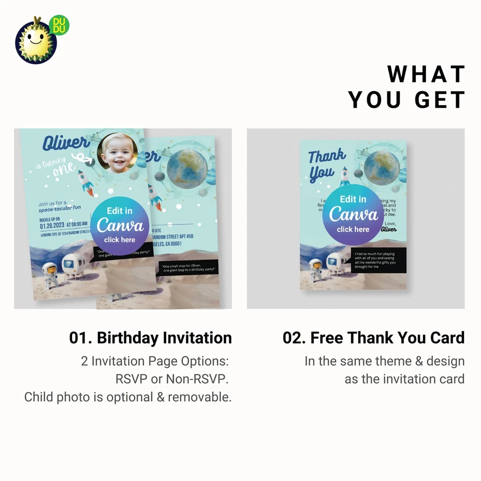 Tarjeta de cumpleaños espacial EDITABLE invitación con tarjeta de agradecimiento gratuita, astronauta e vite Foto 4 de 4