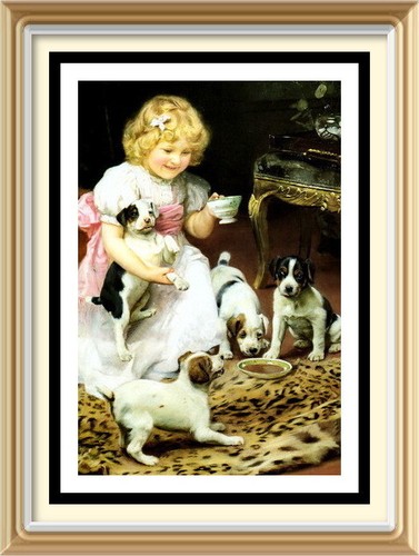 ARTHUR ELSLEY Vintage-Stil Kunst Bild Druck - viktorianisches Mädchen TEA PARTY JRT Hund