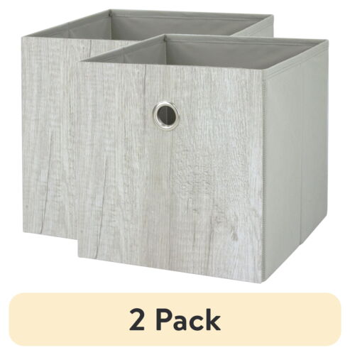 (2 pack) Collapsible Fabric Cube Storage Bin, Grey Wood Grain