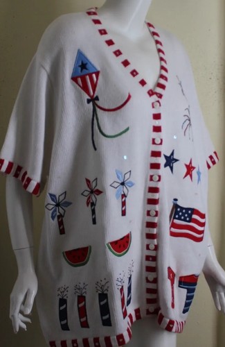 NWT Quacker Factory 2X /3X USA Patriotism Flags Summer T-Shirt Cardigan Sweater - Picture 3 of 5