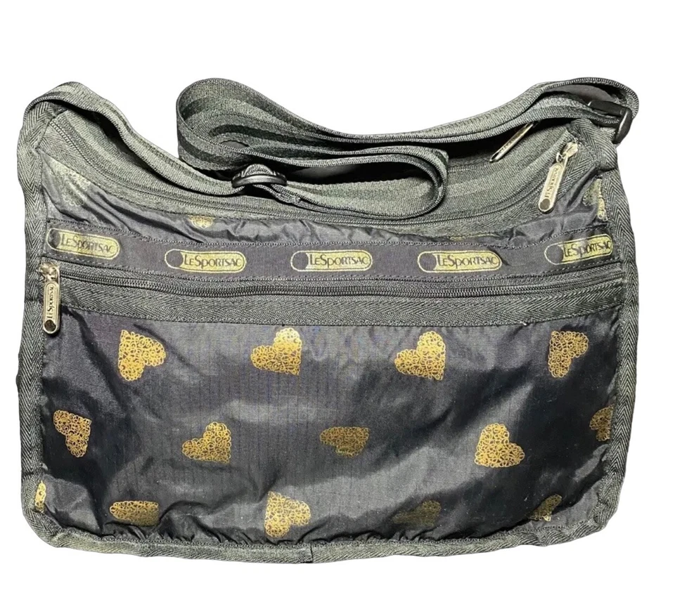 Bolso Bandolera Lesportsac Corazón Negro Dorado Everyday Deluxe Negro Cartera Ampliable Foto 2 de 4
