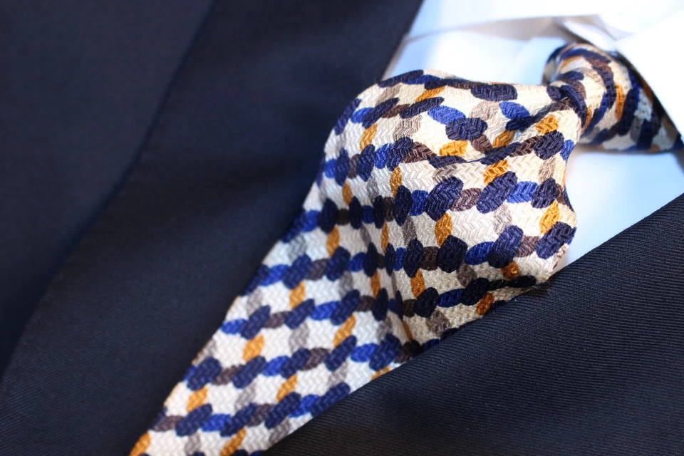 Corbata UNGARO PARIS Marfil Azul Naranja Verde Oliva Seda 58.5"L x 3.75"W Foto 3 de 4