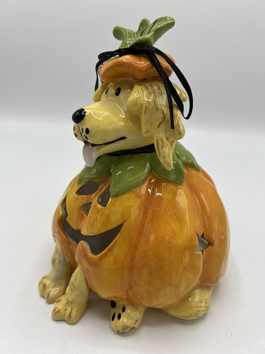 Ceramic Halloween Pumpkin Dog Golden Retriever Tea Light 7.5” Candle Holder - Picture 2 of 13