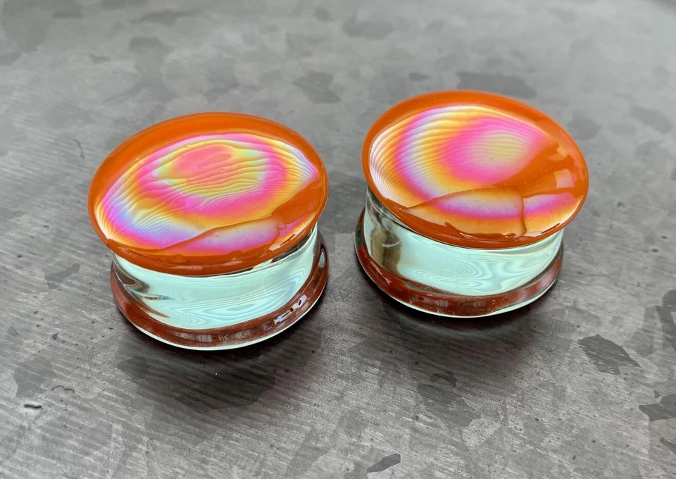 PAIR Creamsicle Orange Pearl Pyrex Glass Double Flare Plugs Gauges Body Jewelry  - Image 2 of 4