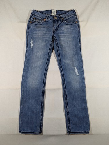 True Religion Jeans Damen 25 Billy Straight Lowrise Distressed Medium Wash Denim