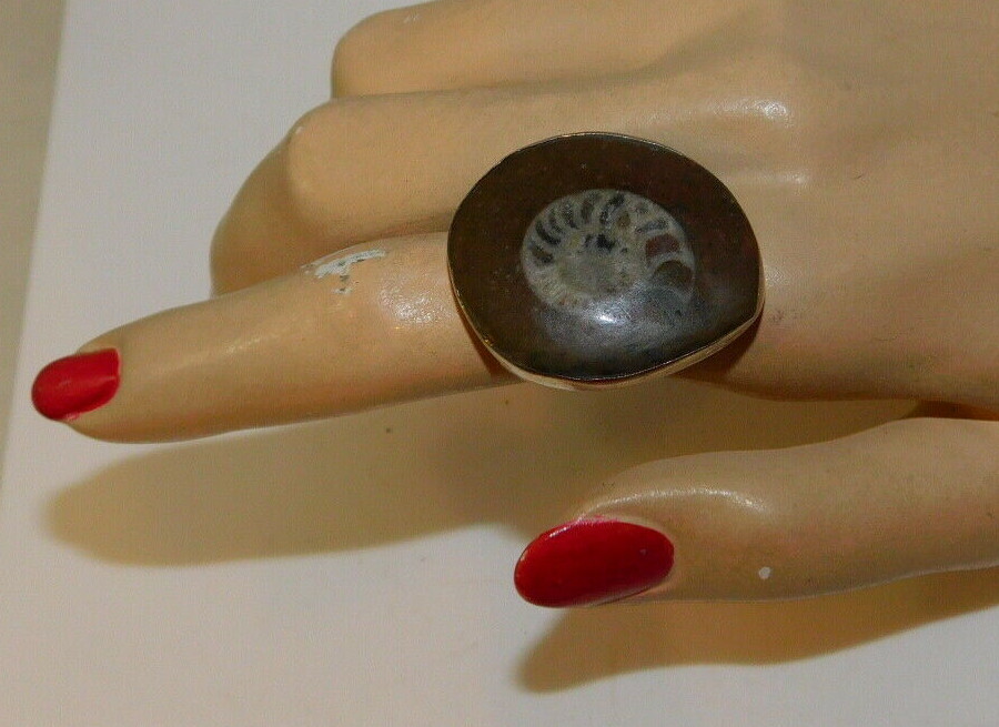 925 Sterling Silver Brown Ammonite Fossil Abstract sz 7.5 Ring 3k