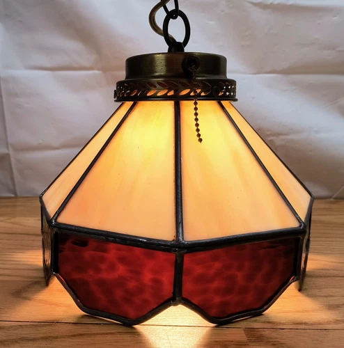 VINTAGE Brown Slag Glass Hanging Pendant Light Lamp Chain Tiffany Style