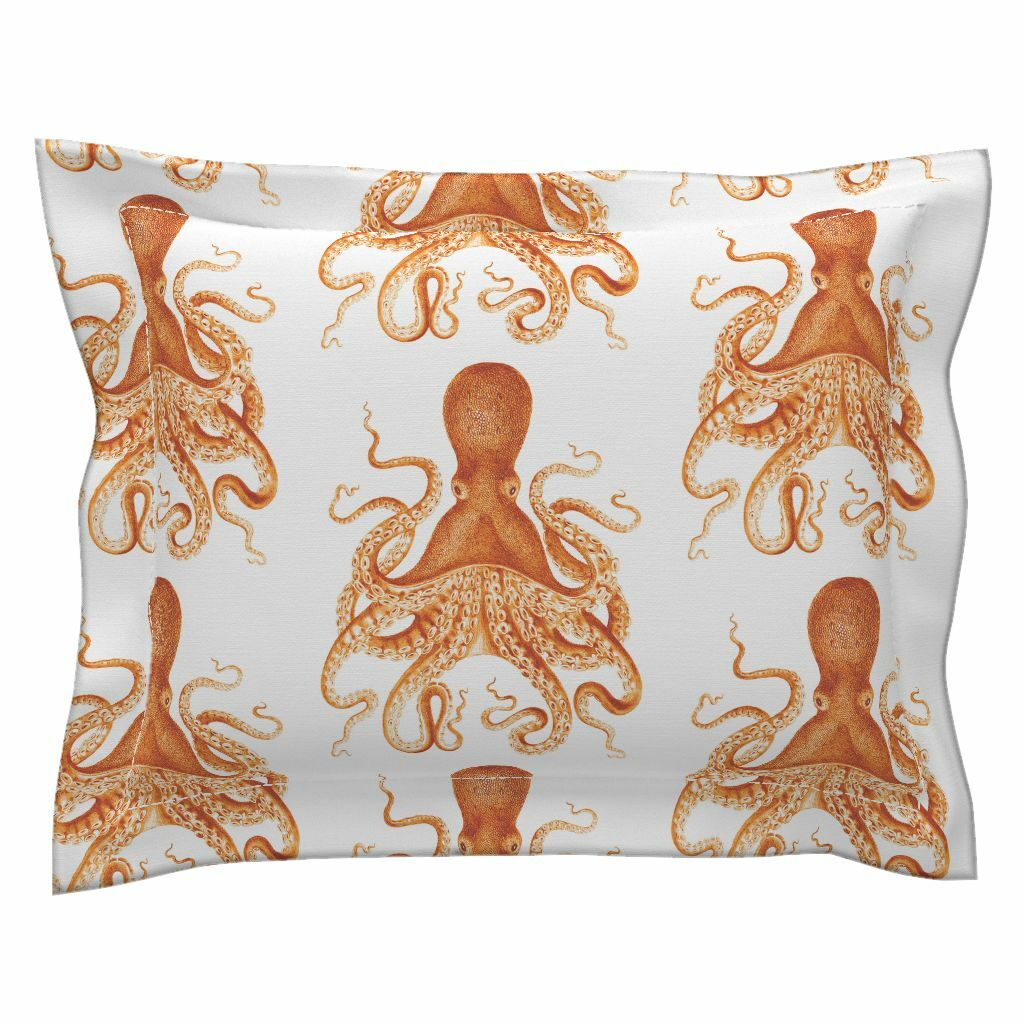 Octopus Vintage Ocean Coastal orange Tangerine Pillow Sham by Roostery Octopus Vintage Ocean Coastal orange Tangerine Pillow Sham by Roostery
