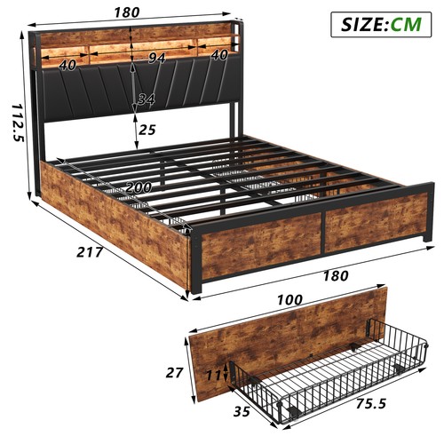 Metallbett Doppelbett 180x200 Ehebett Bettgestell mit Stauraum-Schubladen LEDUSB - Bild 3 von 12