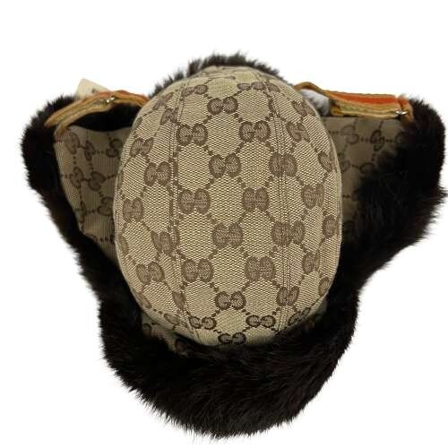 Gucci Pilot Flight Cap GG Monogram Canvas Size M Beige Brown Fur - Picture 1 of 11
