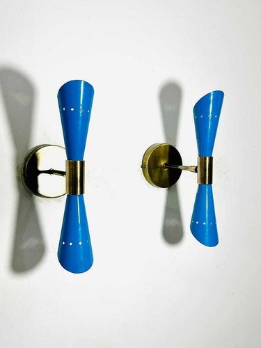 1950's Mid Century Blue Brass Italian Diabolo Wall Sconces Light - Fixture - Picture 5 of 8
