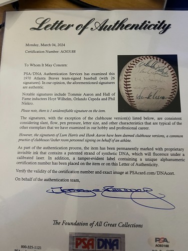 Atlanta Braves 1970 signed Baseball with COA - Bild 1 von 2