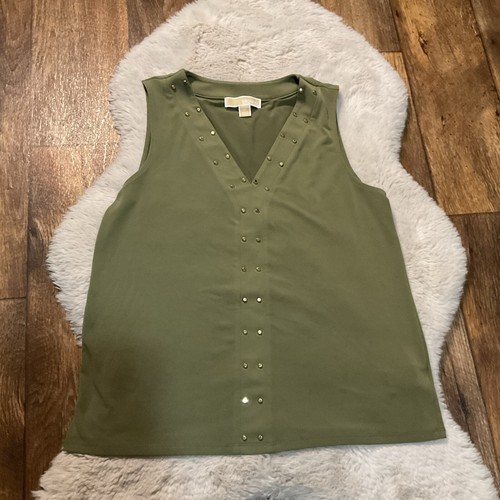Michael Kors Blouse Medium V Neck Gold Stud Sleeveless Green Shirt Top